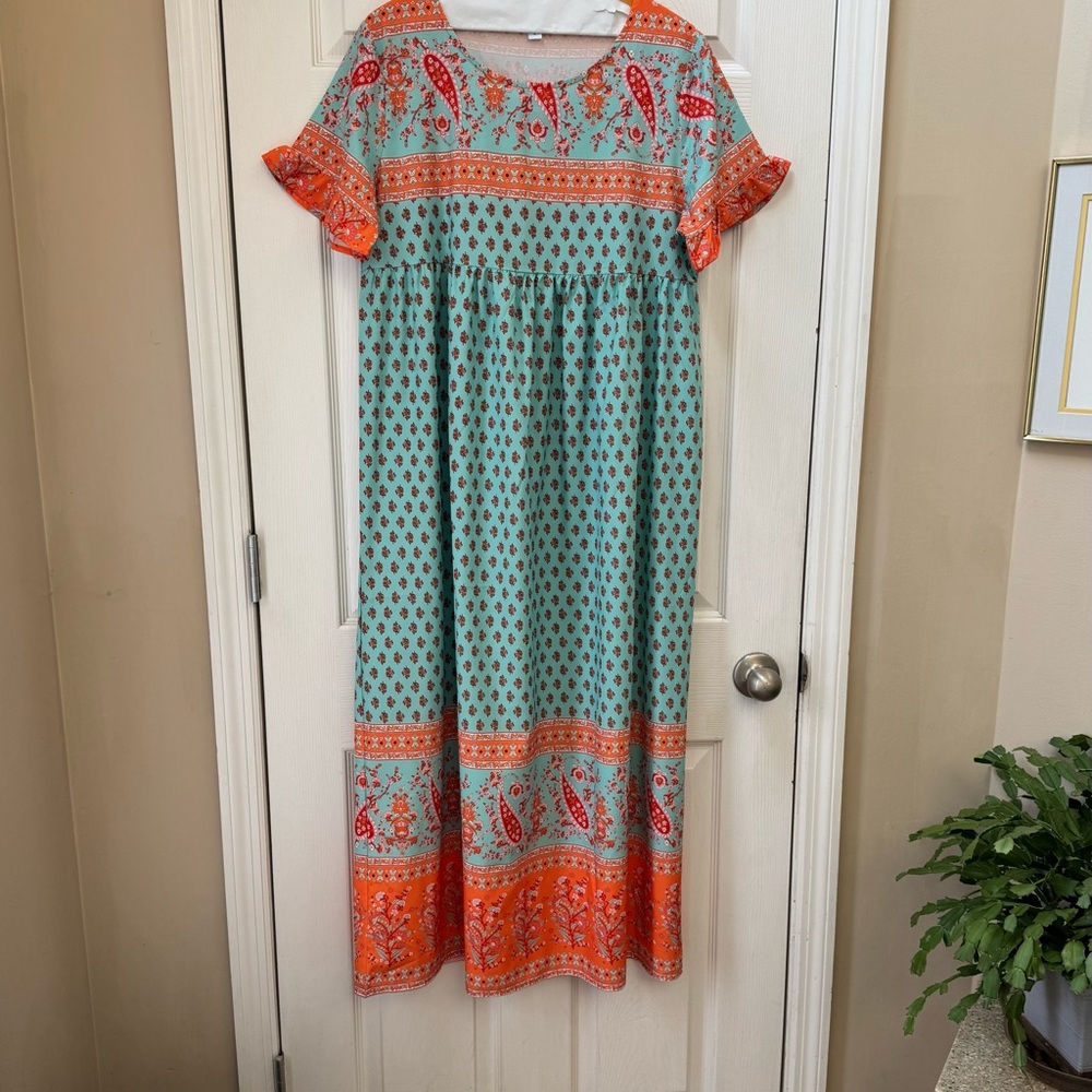Zulily Green and Orange Casual Maxi Sundress with Flutter Sleeves Sz L